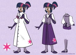 Size: 1017x746 | Tagged: safe, artist:egophiliac, twilight sparkle, human, steamquestria, g4, clothes, dark skin, female, gloves, goggles, humanized, jewelry, lab coat, long skirt, looking at you, mad scientist, necklace, ponytail, skirt, solo, waistcoat