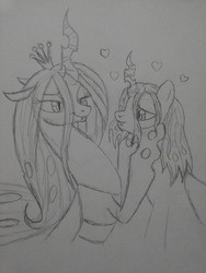 Size: 3120x4160 | Tagged: dead source, safe, artist:kevinshell12, queen chrysalis, oc, oc:poisoned soul, changeling, changeling queen, g4, canon x oc, changelingified, female, heart, monochrome, shipping, traditional art