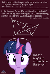 Size: 1020x1500 | Tagged: safe, artist:parclytaxel, princess celestia, twilight sparkle, g4, faic, female, frown, geometry, magic, math, number theory, olympiad, question, singapore, solo, sparks, text, triangles, tumblr, twilight sparkle (alicorn), twitwee