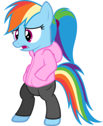 Size: 1674x2053 | Tagged: safe, artist:zacatron94, rainbow dash, pony, g4, alternate hairstyle, bipedal, clothes, cold, female, hoodie, mare, pants, ponytail, simple background, solo, transparent background, vector, wingless