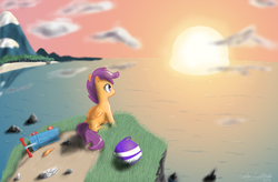 Size: 1168x768 | Tagged: safe, artist:colorcoatedart, scootaloo, g4, cliff, female, helmet, scooter, solo, sunrise