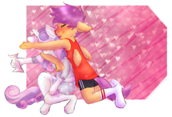 Size: 735x499 | Tagged: safe, artist:mexicats, scootaloo, sweetie belle, anthro, g4, clothes, female, from behind, lesbian, ship:scootabelle, shipping, socks