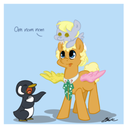 Size: 800x800 | Tagged: safe, artist:caycowa, derpy hooves, doctor whooves, time turner, bird, pegasus, penguin, pony, g4, baby, baby pony, foal, frobisher, ponified, sixth doctor, the doctor