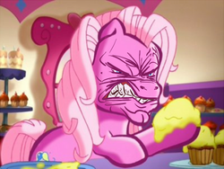 Size: 400x300 | Tagged: safe, artist:tess, edit, edited screencap, screencap, pinkie pie (g3), earth pony, pony, a very pony place, g3, positively pink, ambiguous gender, angry, cupcake, cute, female, food, g3 diapinkes, g3 pinkie pie is not amused, indoors, madorable, mare, rage, solo, sweet shoppe
