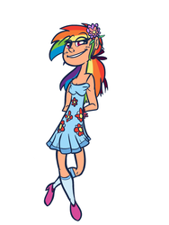 Size: 1200x1600 | Tagged: safe, artist:rustydooks, artist:tess, rainbow dash, human, g4, clothes, colored, dress, female, flower, humanized, rainbow dash always dresses in style, solo