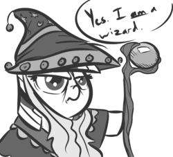 Size: 1100x1000 | Tagged: safe, artist:tess, star swirl the bearded, twilight sparkle, pony, unicorn, g4, are you a wizard, clothes, costume, female, mare, monochrome, solo, staff, subverted meme, wizard