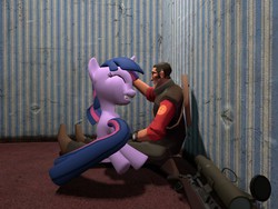 Size: 1024x768 | Tagged: safe, artist:funsketch, twilight sparkle, human, pony, unicorn, g4, 3d, cute, eyes closed, female, gmod, gun, hooves, horn, mare, open mouth, optical sight, petting, rifle, smiling, sniper, sniper (tf2), sniper rifle, team fortress 2, teeth, weapon