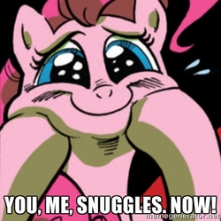 Size: 455x454 | Tagged: safe, pinkie pie, g4, c:, cute, diapinkes, female, image macro, looking at you, meme, smiling, snuggling, solo, squishy cheeks, you. me. x. now.