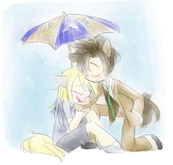 Size: 1461x1389 | Tagged: safe, artist:annie-aya, derpy hooves, doctor whooves, time turner, human, anthro, g4, duo, eared humanization, female, humanized, male, rain, ship:doctorderpy, shipping, straight, tailed humanization, umbrella, winged humanization