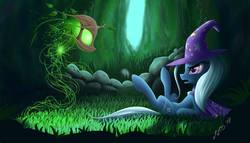 Size: 1944x1111 | Tagged: safe, artist:zigword, trixie, spriggan, g4, cave, eye contact, frown, glare, glowing, grass, green, legs in air, magic, on back, open mouth, rock, scenery