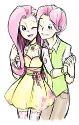 Size: 896x1408 | Tagged: safe, artist:annie-aya, fluttershy, human, g4, butterscotch, clothes, dress, duo, female, humanized, male, rule 63, self ponidox, selfcest, ship:flutterscotch, shipping, straight