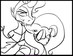 Size: 500x379 | Tagged: safe, artist:shady, fluttershy, king sombra, pegasus, pony, unicorn, g4, black and white, cape, clothes, ear bite, fangs, female, grayscale, male, mare, monochrome, ship:sombrashy, shipping, simple background, stallion, straight, white background