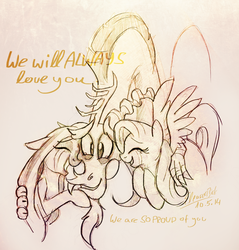 Size: 1546x1614 | Tagged: safe, artist:elbdot, discord, fluttershy, oc, g4, crying, cute, dialogue, discute, eyes closed, floppy ears, grin, group hug, hug, monochrome, signature, sketch, smiling, spread wings, tears of joy, traditional art, trio