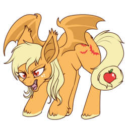 Size: 500x500 | Tagged: safe, artist:lulubell, applejack, bat pony, pony, g4, apple, applebat, fangs, female, fluffy, glare, hissing, hooves, open mouth, prehensile tail, race swap, simple background, solo, spread wings, tail hold, transparent background, unshorn fetlocks, vector