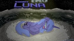 Size: 1280x720 | Tagged: safe, artist:toasterrepairunit, princess luna, alicorn, pony, g4, banishment, crying, eyes closed, female, filly, harsher in hindsight, lying down, moon, on side, parody, s1 luna, sad, solo, the binding of isaac, woona