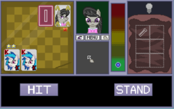 Size: 638x400 | Tagged: safe, artist:herooftime1000, dj pon-3, octavia melody, vinyl scratch, earth pony, pony, octavia in the underworld's cello, g4, blackjack, card, fan game, game, pixel art, this will not end well