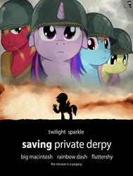 Size: 682x900 | Tagged: safe, artist:doomy, big macintosh, derpy hooves, fluttershy, rainbow dash, twilight sparkle, earth pony, pegasus, pony, unicorn, g4, abuse, derpybuse, food, helmet, male, movie poster, muffin, parody, poster, save derpy, saving private ryan, silhouette, stallion, straw in mouth, world war ii