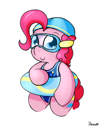 Size: 1178x1500 | Tagged: safe, artist:ramott, pinkie pie, earth pony, pony, g4, blue swimsuit, clothes, female, hind legs, inflatable, inner tube, one-piece swimsuit, solo, swimsuit