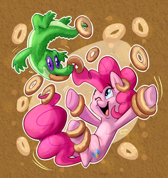Size: 1255x1331 | Tagged: safe, artist:thedoggygal, gummy, pinkie pie, alligator, earth pony, pony, g4, donut, duo, duo male and female, female, male, mare, one eye closed, open mouth, open smile, signature, smiling, underhoof
