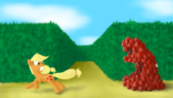 Size: 1920x1080 | Tagged: safe, artist:whispercannon, applejack, keepers of the grove of truth, earth pony, pony, g4, the return of harmony, chase, female, mare, pac-man, ponified, running, running away