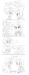 Size: 1152x3008 | Tagged: safe, artist:annie-aya, twilight sparkle, human, g4, comic, dialogue, duo, duo male and female, dusk shine, female, humanized, male, monochrome, r63 paradox, rule 63, self ponidox, sketch
