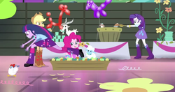 Size: 1909x1006 | Tagged: safe, applejack, fluttershy, rarity, twilight sparkle, chicken, goat, hamster, sheep, equestria girls, g4, my little pony equestria girls: rainbow rocks, shake your tail, balloon, boots, clothes, cowboy boots, high heel boots, jewelry, shoes, skirt