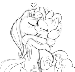 Size: 543x522 | Tagged: safe, artist:mickeymonster, fluttershy, pinkie pie, earth pony, pegasus, pony, g4, duo, eyes closed, female, kiss on the lips, kissing, lesbian, mare, monochrome, ship:flutterpie, shipping, sketch