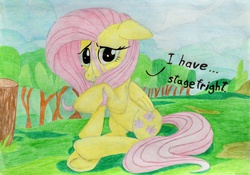 Size: 2196x1534 | Tagged: safe, artist:bropony2010, fluttershy, g4, female, solo, stage fright, traditional art, underhoof