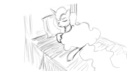 Size: 1280x720 | Tagged: safe, artist:hierozaki, princess luna, lunadoodle, g4, bed, female, monochrome, sketch, sleeping, solo