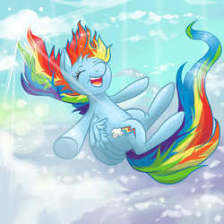 Size: 800x800 | Tagged: safe, artist:confetticakez, rainbow dash, pegasus, pony, g4, cloud, cloudy, cute, dashabetes, eyes closed, falling, female, happy, open mouth, open smile, sky, smiling, solo, windswept mane, wings