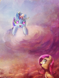 Size: 1827x2436 | Tagged: safe, artist:porkchopsammie, fluttershy, rainbow dash, g4, cloud, cloudy, cute, dashabetes, eye contact, happy, looking up, shyabetes, younger