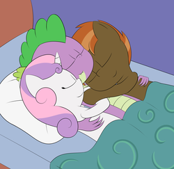 Size: 1700x1650 | Tagged: safe, artist:pvryohei, button mash, spike, sweetie belle, dragon, pony, g4, bed, bisexual, female, gay, hug, lucky bastard, male, ot3, ship:spikebelle, ship:sweetiemash, shipping, sleeping, snuggling, spike gets all the foals, spikemash, spweetiemash, straight
