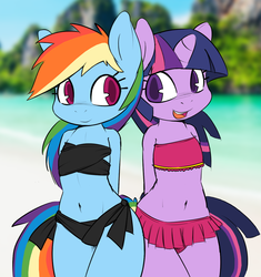 Size: 1157x1229 | Tagged: safe, artist:grumblepluck, color edit, edit, rainbow dash, twilight sparkle, unicorn, anthro, g4, attached skirt, bandeau, beach, belly button, bikini, clothes, colored, cute, duo, duo female, female, open mouth, side-tie bikini, swimsuit