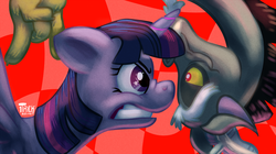 Size: 1200x674 | Tagged: safe, artist:1trick, discord, twilight sparkle, alicorn, pony, g4, abstract background, female, male, mare, ship:discolight, shipping, signature, straight, twilight sparkle (alicorn)