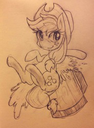 Size: 580x789 | Tagged: safe, artist:doubt, applejack, g4, cider, female, monochrome, simple background, solo, traditional art