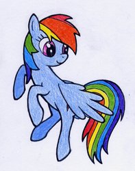 Size: 900x1144 | Tagged: safe, artist:katielah, rainbow dash, g4, cute, female, looking back, simple background, smiling, solo, spread wings, traditional art, white background