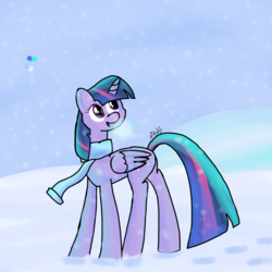 Size: 1500x1500 | Tagged: safe, artist:mang, twilight sparkle, alicorn, pony, g4, clothes, female, mare, scarf, snow, snowfall, solo, twilight sparkle (alicorn), winter