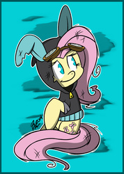 Size: 2084x2924 | Tagged: safe, artist:dahhez, fluttershy, pegasus, pony, g4, bunny ears, clothes, dangerous mission outfit, female, goggles, high res, hoodie, mare, smiling, solo