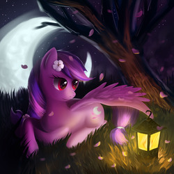 Size: 3543x3543 | Tagged: safe, artist:seer45, oc, oc only, oc:moonlight blossom, pegasus, pony, crescent moon, flower, flower in hair, grass, high res, lantern, moon, solo, transparent moon, tree