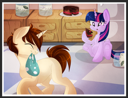 Size: 1800x1375 | Tagged: safe, artist:blackfreya, twilight sparkle, alicorn, pony, spiders and magic: rise of spider-mane, g4, cake, crossover, crossover shipping, eating, female, food, jar, kitchen, male, mama twilight, mare, peter parker, pickle jar, ponified, pregnant, spider-man, spiders and magic ii: eleven months, spidertwi, twilight sparkle (alicorn)