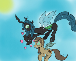 Size: 2356x1896 | Tagged: safe, artist:frikdikulous, queen chrysalis, oc, oc:poisoned soul, g4, changelingified, colored, heart, sketch