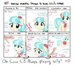 Size: 1600x1400 | Tagged: safe, artist:godofsteak, derpibooru exclusive, coco pommel, earth pony, human, pony, g4, butt, derail in the comments, descriptive noise, dialogue, disembodied hand, doing loving things, faic, female, frown, grin, hand, heavy breathing, help, lidded eyes, looking away, looking down, mare, meme, meme parody, nervous, open mouth, parody, petting her, plot, raised hoof, reality ensues, rejected, rejection, sexual harassment, shipping denied, simple background, smiling, stalker, stranger danger, text, thought bubble, waifu, wat, white background, worried