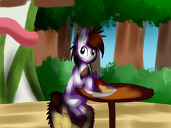 Size: 1024x768 | Tagged: safe, artist:strawberry-pannycake, pipsqueak, earth pony, g4, bush, colt, foal, food, forest background, male, pipsqueak eating spaghetti, solo, spaghetti, table