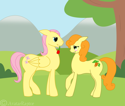 Size: 4050x3442 | Tagged: safe, artist:avatarraptor, carrot top, fluttershy, golden harvest, earth pony, pegasus, pony, g4, blushing, butterscotch, female, floppy ears, flower, flower in mouth, fluttertop, half r63 shipping, looking at each other, male, mare, mouth hold, rule 63, shipping, stallion, straight