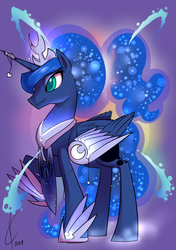 Size: 983x1400 | Tagged: safe, artist:valcron, princess luna, alicorn, pony, g4, female, horn, horn jewelry, horn ring, jewelry, mare, mega evolution, pokémon, raised hoof, smiling, solo, wing jewelry