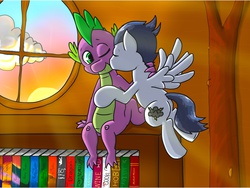 Size: 2048x1536 | Tagged: source needed, safe, artist:kill joy, rumble, spike, dragon, pegasus, pony, g4, cheek kiss, cute, duo, gay, kissing, library, male, older, ship:rumblespike, shipping