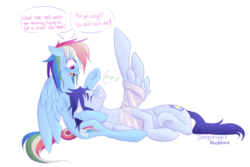 Size: 1024x686 | Tagged: safe, artist:dragonfoxgirl, artist:flower-power-love, rainbow dash, soarin', pegasus, pony, g4, rainbow falls, bandage, blushing, crying, cute, dialogue, eyes closed, female, injured, laughing, lying, male, mare, on side, ship:soarindash, shipping, simple background, sitting, smiling, spread wings, stallion, straight, transparent background, worried