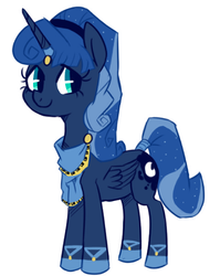 Size: 478x600 | Tagged: safe, artist:elslowmo, artist:nohooves, idw, princess luna, g4, reflections, spoiler:comic, alternate hairstyle, artemis luna, clothes, cute, dress, female, horn, horn ring, mirror universe, simple background, smiling, solo, tail wrap