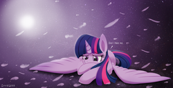 Size: 1176x600 | Tagged: safe, artist:vavacung, twilight sparkle, alicorn, pony, g4, crying, feather, female, hate, mare, prone, sad, solo, spread wings, stars, sun, twilight sparkle (alicorn)