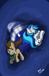 Size: 3300x5100 | Tagged: safe, artist:naivewolfjosh, dj pon-3, doctor whooves, time turner, vinyl scratch, earth pony, pony, unicorn, g4, crossover, doctor who, female, male, mare, stallion, tardis